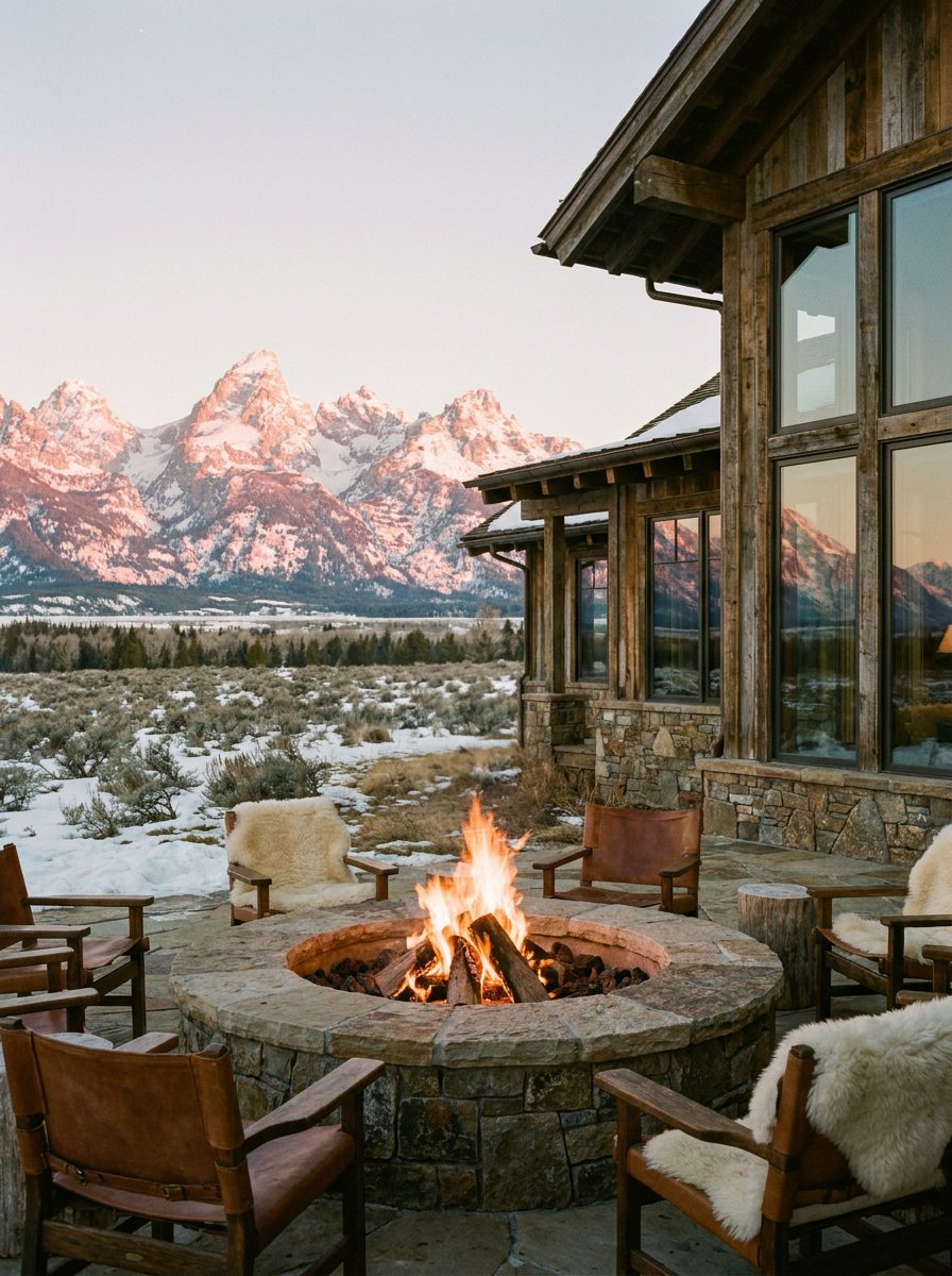Timber lodge terrace facing the Teton range at alpenglow in Jackson Hole