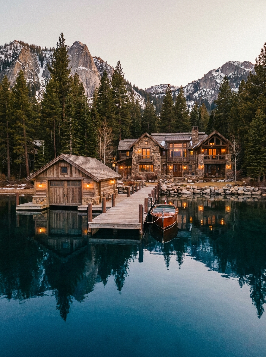 Lakefront Lake Tahoe estate with private boathouse at golden hour