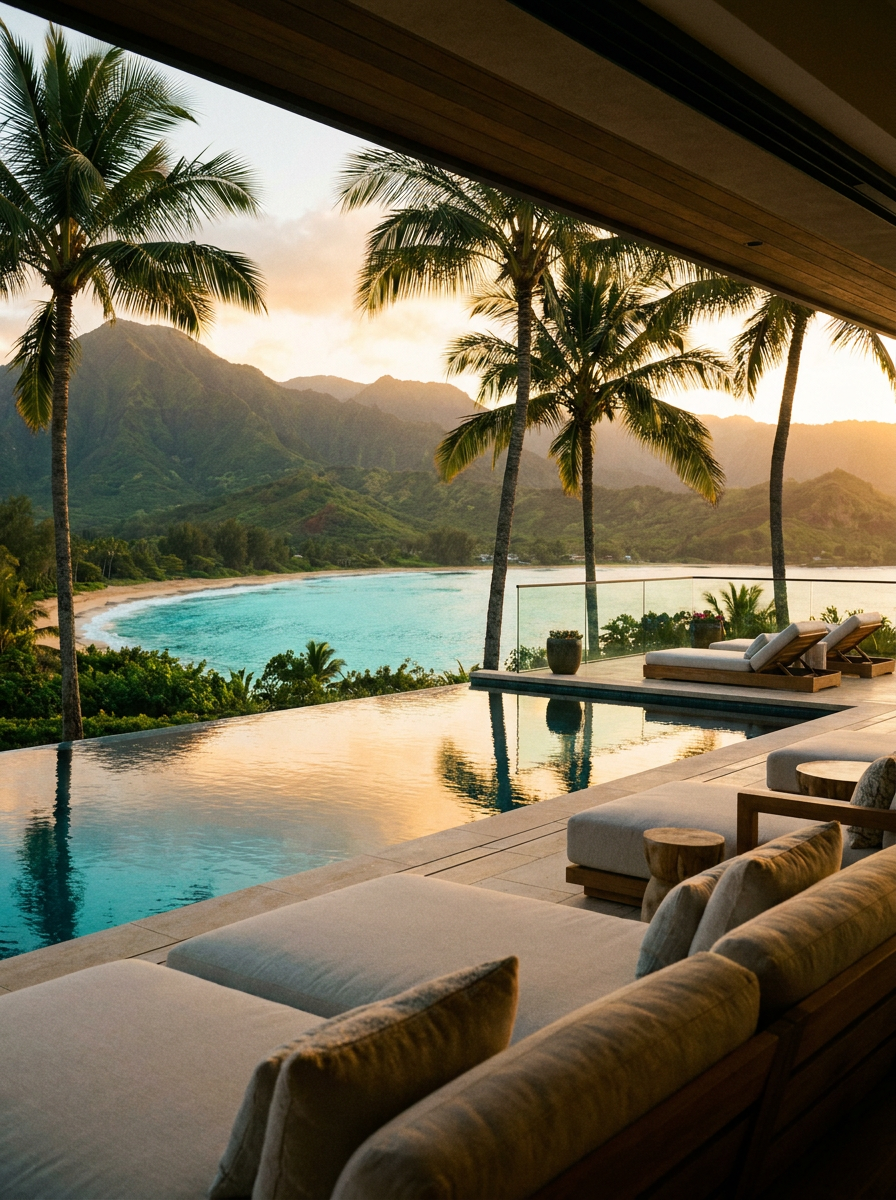 Oceanfront Maui villa terrace above a golden crescent bay