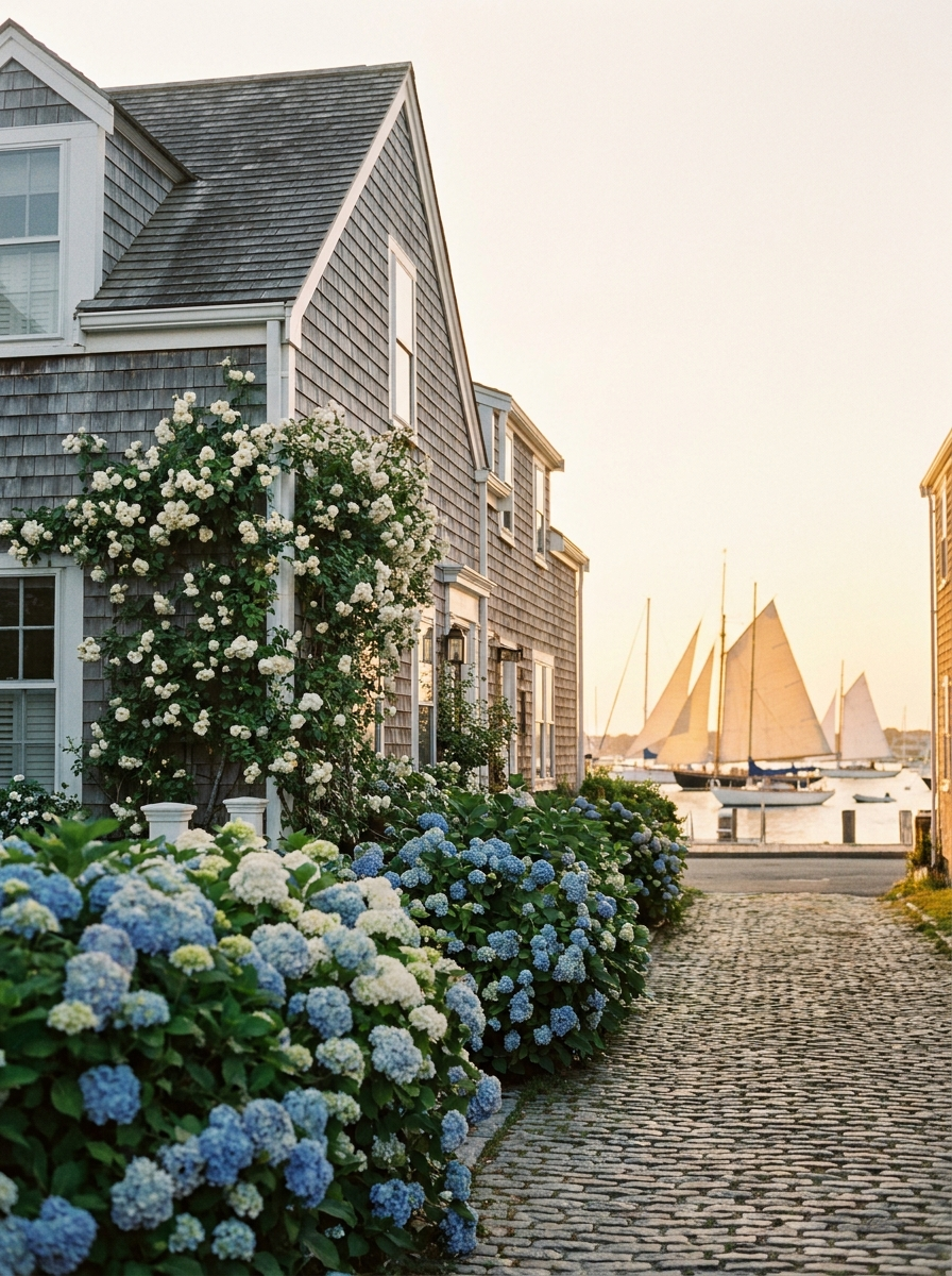 Gray-shingled Nantucket cottage with roses and harbor sailboats beyond