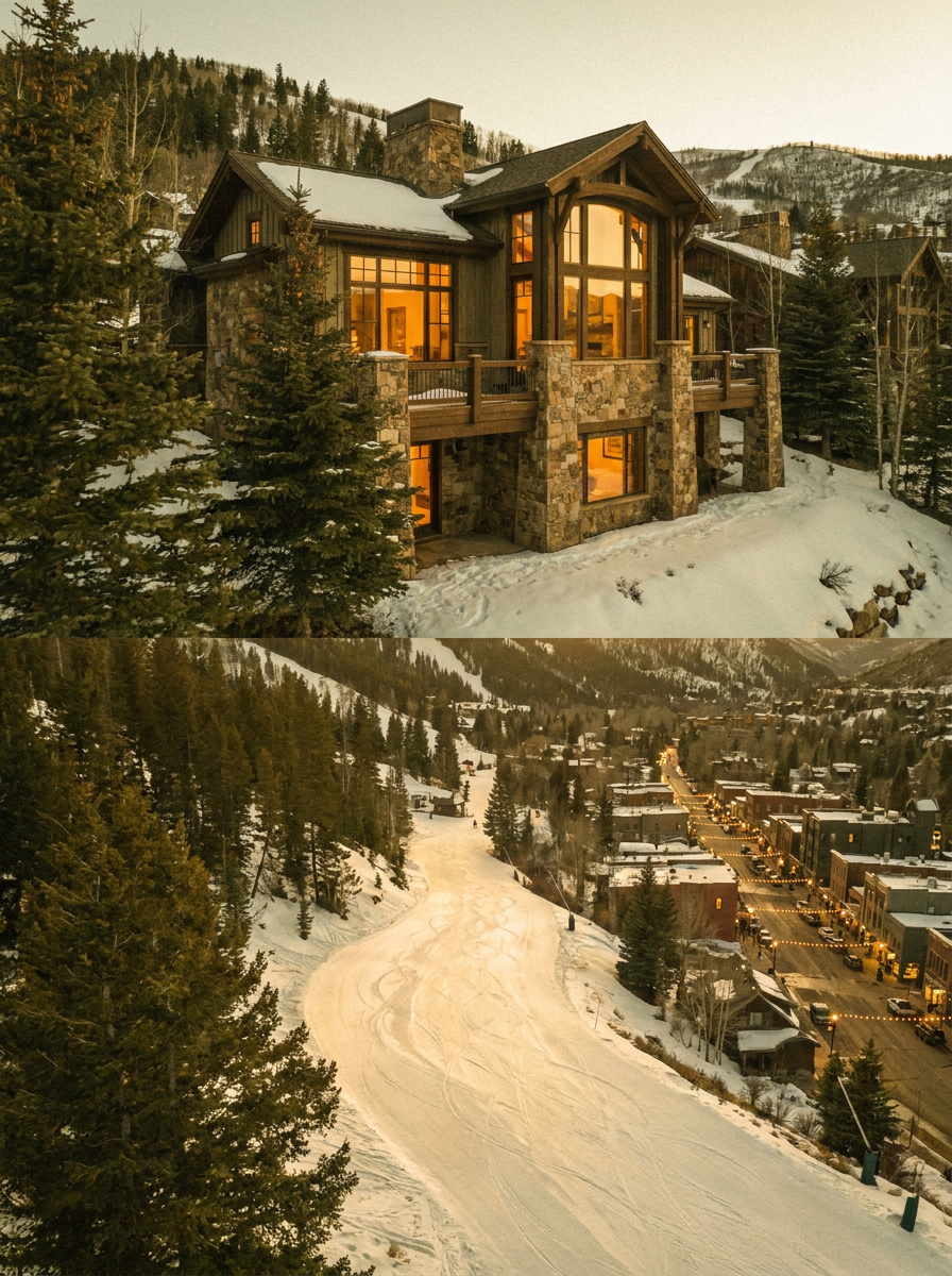 Modern Park City mountain chalet glowing above a snowy ski run at golden hour