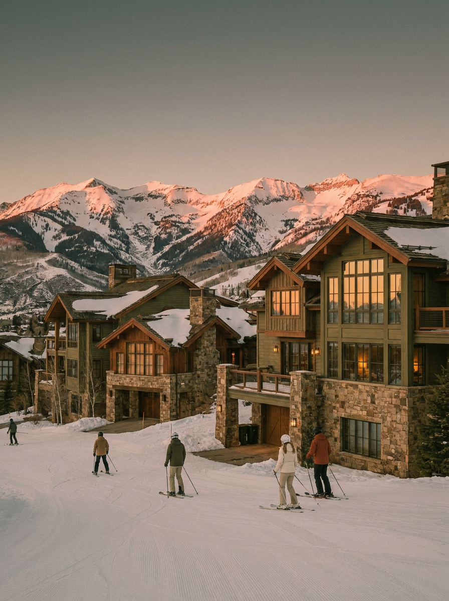 Slope-side chalets along a ski run in Snowmass Village at golden hour