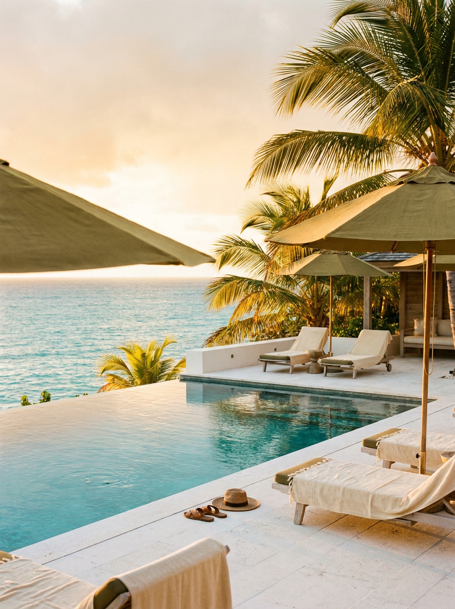 Beachfront villa terrace and infinity pool in St. Barths at golden hour