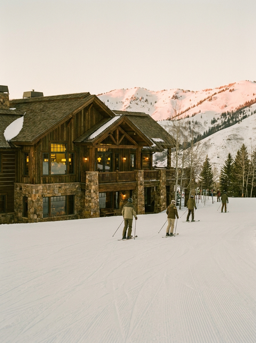 Alpine lodge beneath Bald Mountain at alpenglow in Sun Valley