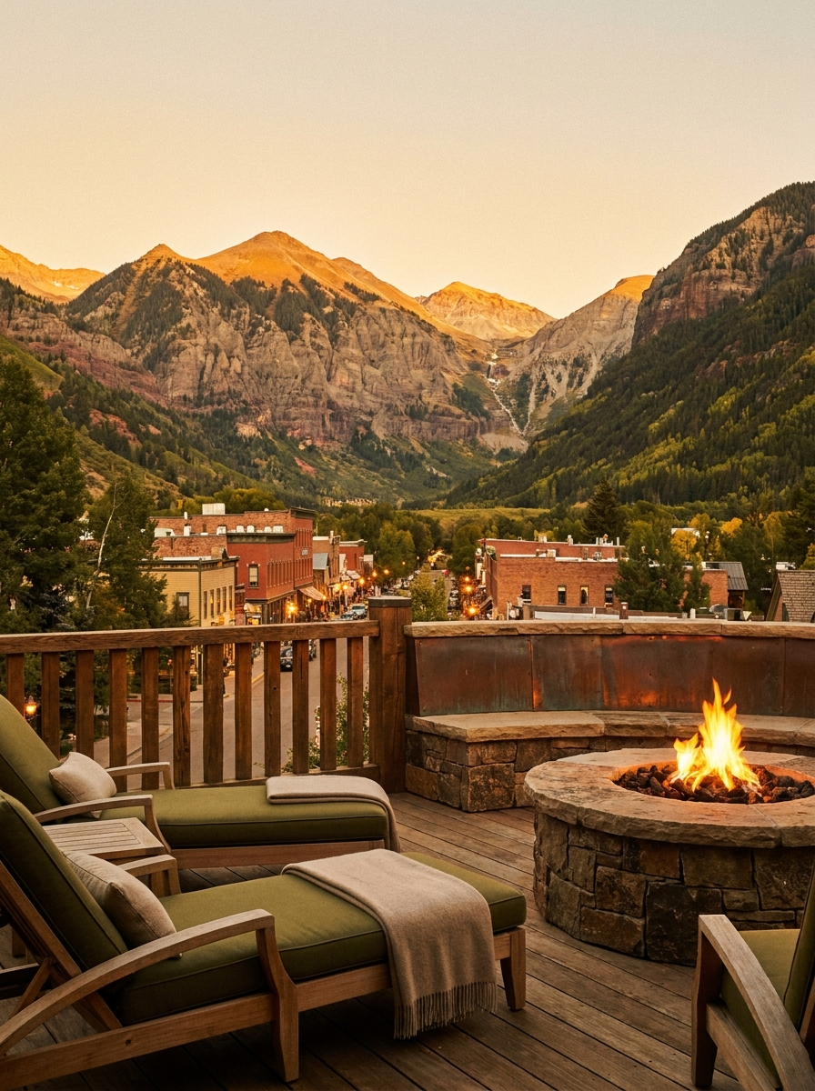 Telluride box canyon village at golden hour from a chalet deck