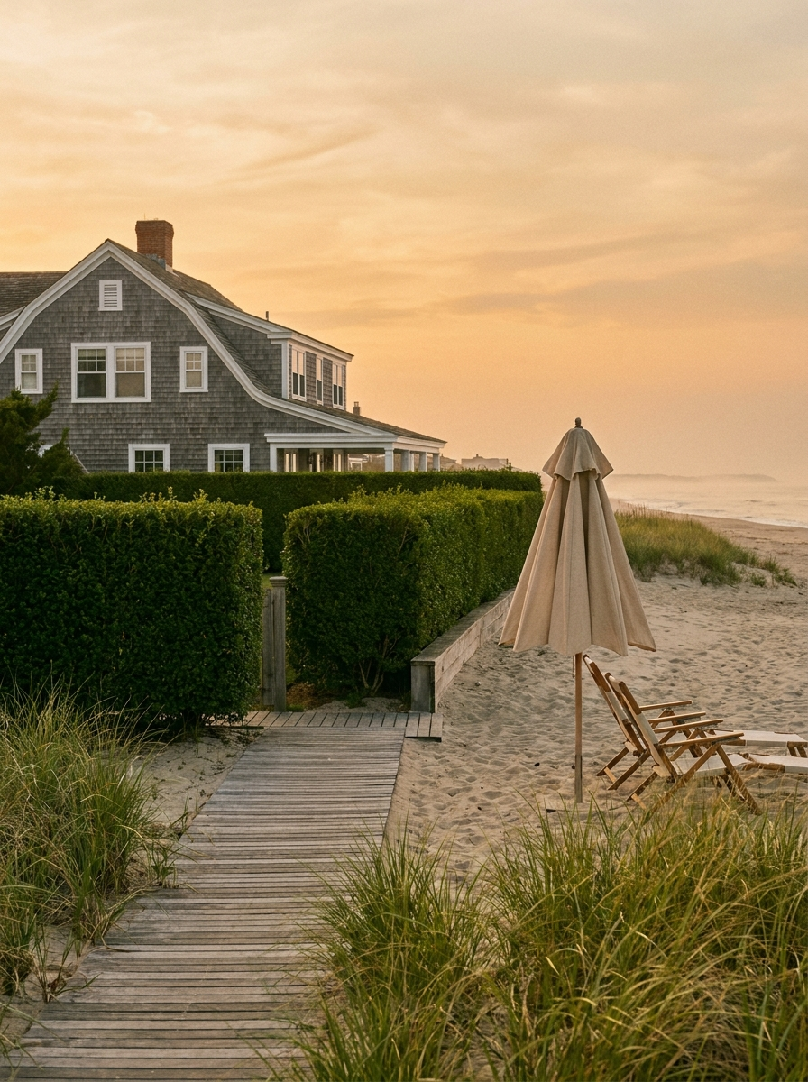 Shingled Hamptons estate behind tall hedges with dune grass beyond