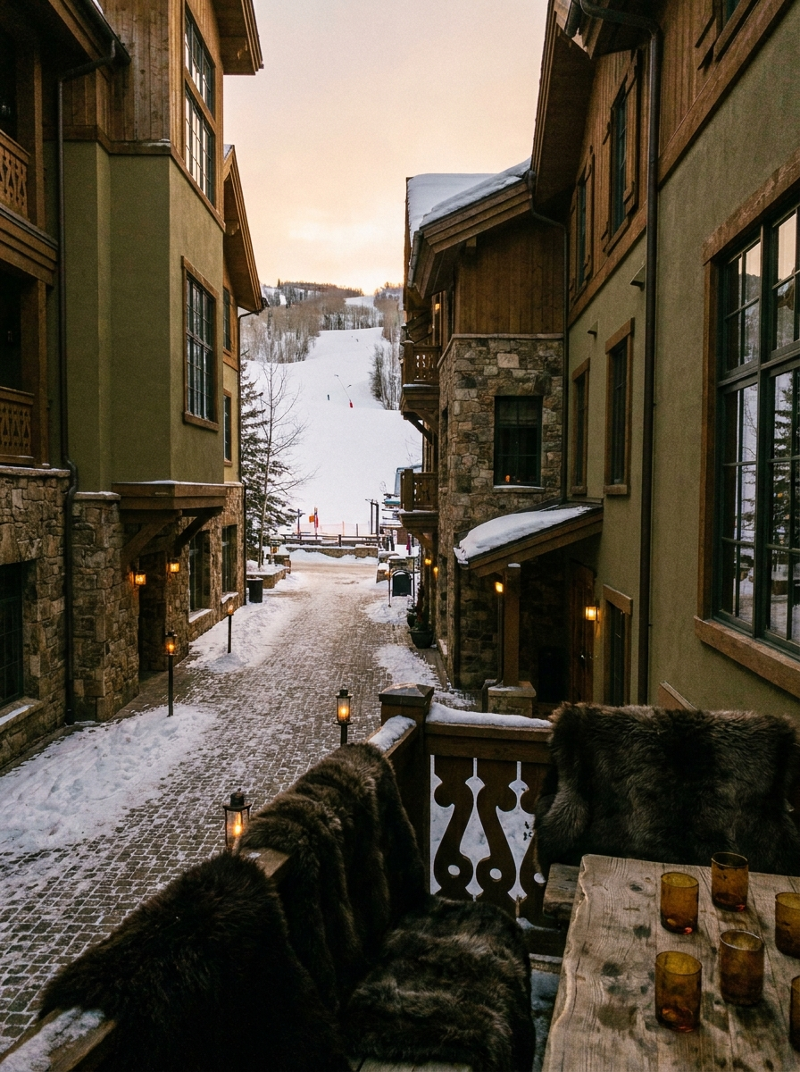Lantern-lit Vail village lane with fresh snow at dusk