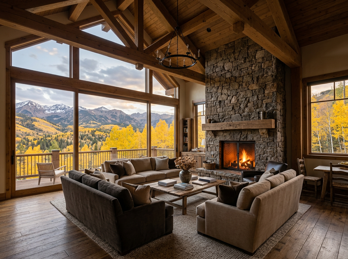 Vaulted great room of an Aspen villa with panoramic mountain views